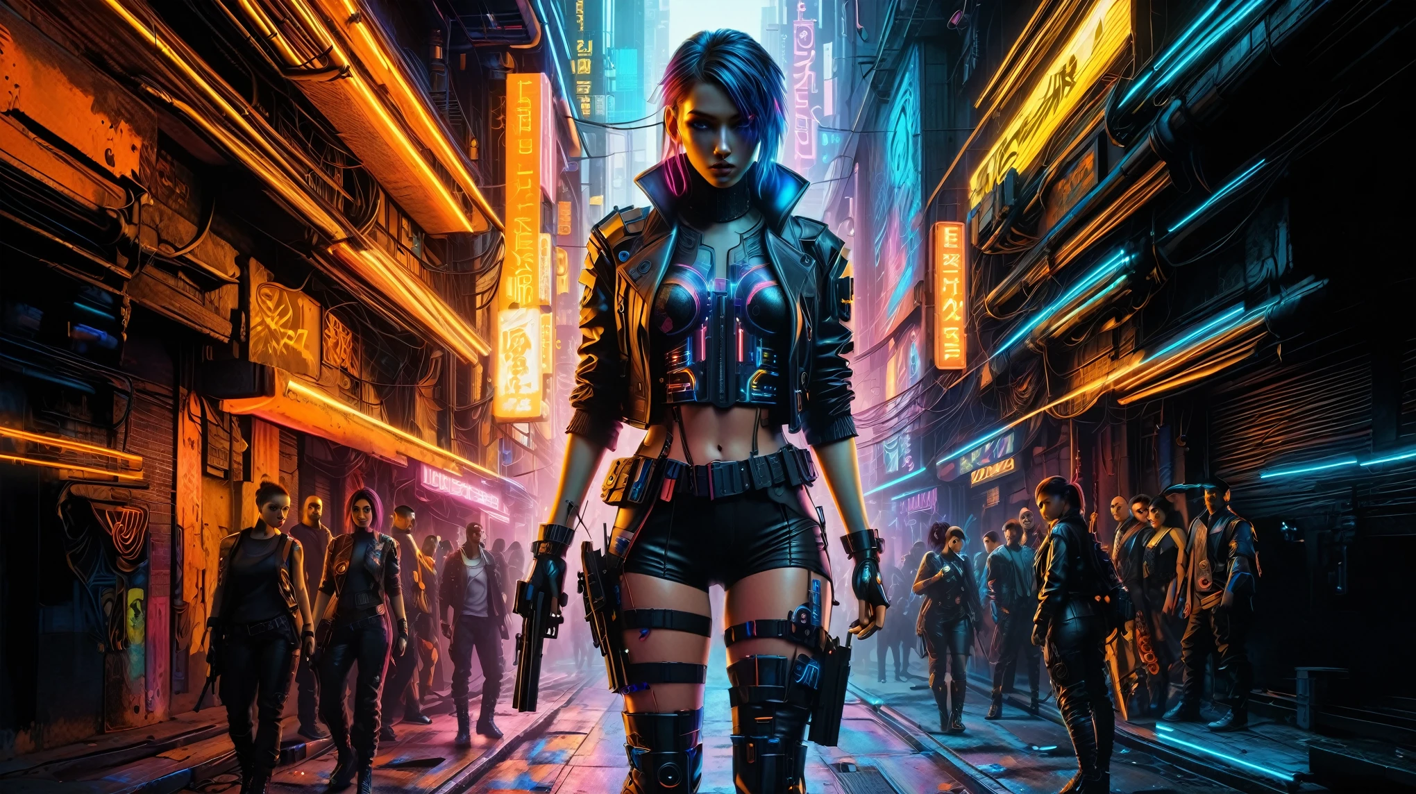 A stunning, high-quality image of a cyberpunk szene This captivating a female killer cyberpunk, alley people side by side, gun holster on leg, piece seamlessly blends photography, dark and neon awesome combination, orange yellow, blue and Black, illustration, 3D rendering, and painting to create a cinematic experience that evokes both wonder and danger, vibrant, photo, painting, illustration, 3d render, poster, cinematic, dark fantasy