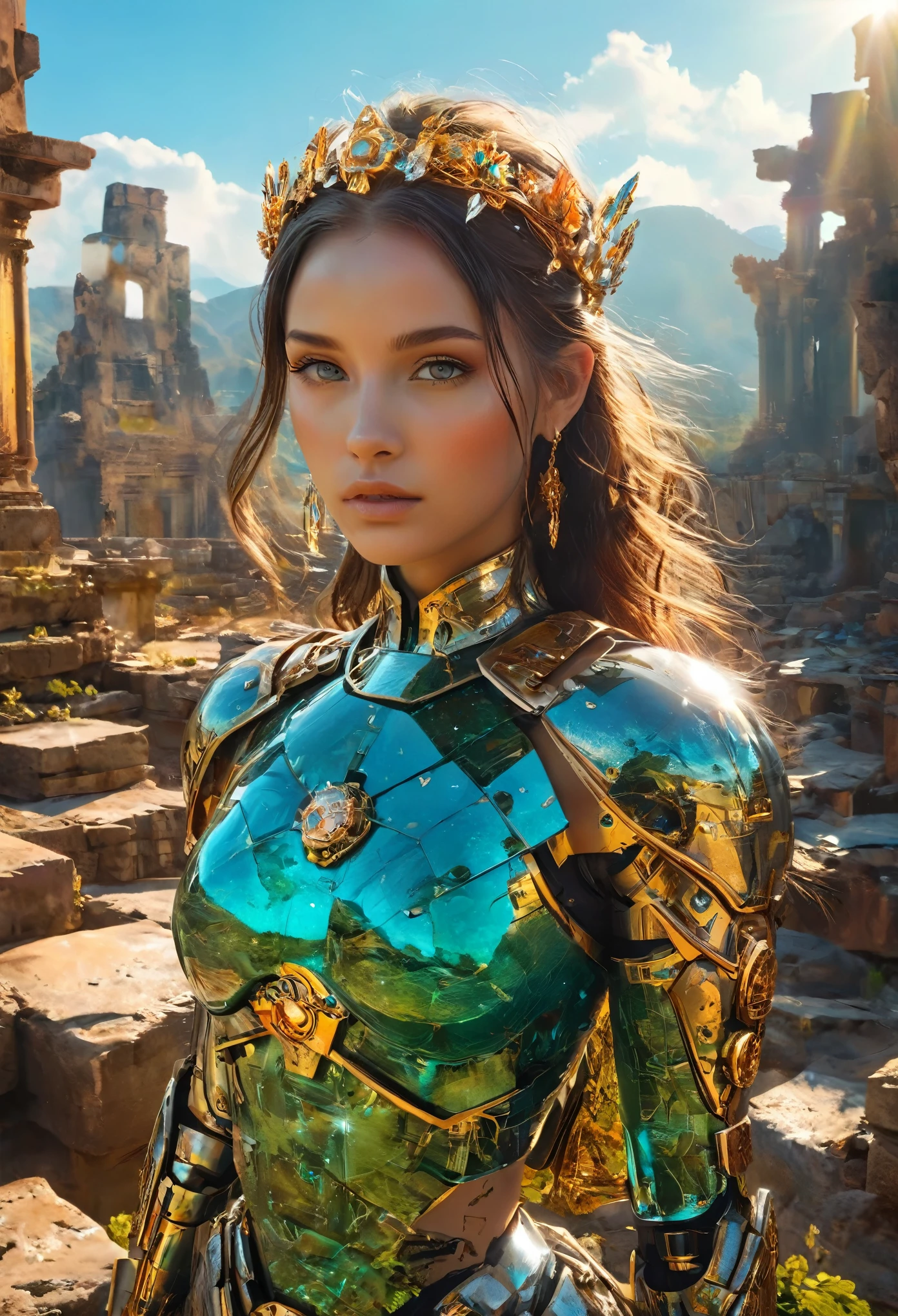 (best quality,4k,8k,highres,masterpiece:1.2),ultra-detailed,realistic:1.37,a beautiful cyborg girl standing in the ruins of the Inca Empire,Insertion,metallic body,glowing cybernetics,graceful facial features,mysterious eyes,cybernetic enhancements,ethereal appearance,sunlight filtering through the ancient stone structures,green moss-covered stones and vines,delicate lotus blossoms,steampunk-inspired elements,ancient technology fused with futuristic enhancements,vibrant colors contrasting with the weathered ruins,fierce determination in her eyes,holding a holographic map to unlock the secrets of the lost civilization,artistic portrait with surreal elements,soft lighting creating a dreamlike atmosphere,colorful sunrise painting the sky with shades of orange and pink,scattered ancient artifacts hinting at a forgotten past.