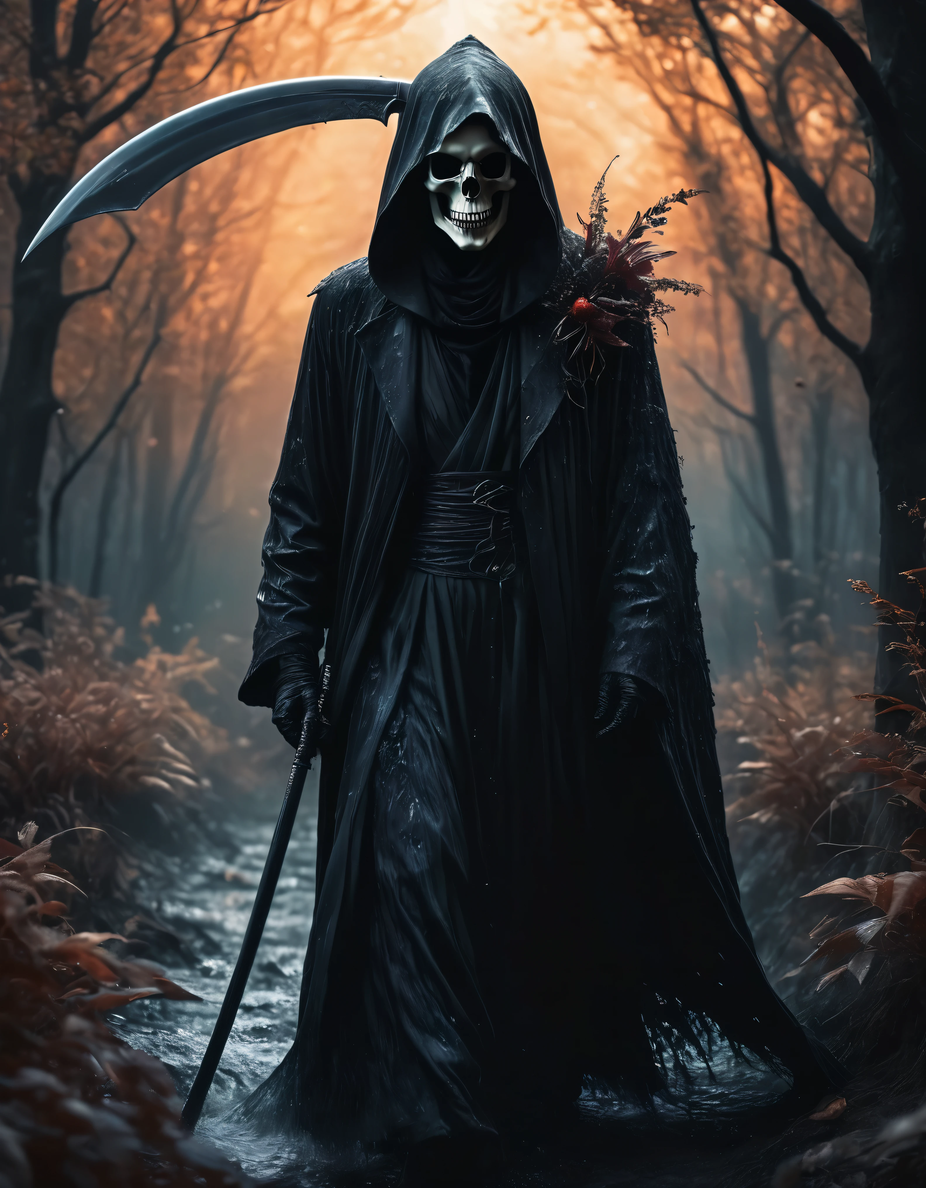 ((Masterpiece in maximum 16K resolution):1.6),((soft_color_photograpy:)1.5), ((Ultra-Detailed):1.4),((Movie-like still images and dynamic angles):1.3) | ((double contact):1.3), ((Scary Black Grim Reaper silhoutte effect):1.2), ((Superimposed on Pretty Female):1.1)《dark forest sky》Agnes Cecile, Jeremy Mann, Oil and ink on canvas, fine dark art, super dramatic light, photoillustration, amazing depth, the ultra-detailed, iridescent black, superfluous dreams, intricately details, amazing depth, Amazing atmosphere, Mesmerizing whimsical vibrant landscapes, ((Grim reaper scythe):1.2), Maximalism ((beautiful outside, Ugly inside, pressure and pain, beauty and despair, hard and soft, positive and negative, hot and cold, Sweet and sour, Vibrant but boring, Perfect harmony, light and shadows, old and young, Black and white, Corresponding color, loud and quiet, Chaos and peace, life and death):1.2) The complex masterpiece of a real-time engineering leader. | Rendered in ultra-high definition with UHD and retina quality, this masterpiece ensures anatomical correctness and textured skin with super detail. With a focus on high quality and accuracy, this award-winning portrayal captures every nuance in stunning 16k resolution, immersing viewers in its lifelike depiction. | ((perfect_composition, perfect_design, perfect_layout, perfect_detail, ultra_detailed)), ((enhance_all, fix_everything)), More Detail, Enhance.