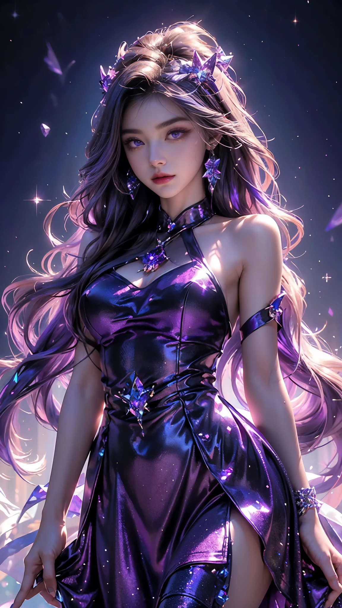 4K, UHD, masterpiece, Best quality, 1 girl, detailed face, detailed eyes, realistic Eyelid, Kda, Alone, very Long hair, small breasts, ((purple sparkle dress)), ankle-length skirt, looking at viewert, Multicolored glowing crystals, heart sparkle, glowing sparkle, bloom, ray tracing, god rays, HDR, DSLR,