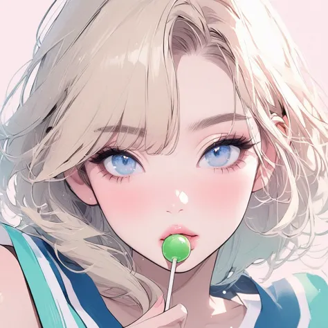 Girl, light blonde hair, blue eyes, beautiful, cheerleader uniform, pastel colors, face close-up, flat, sucking a green lollipop...