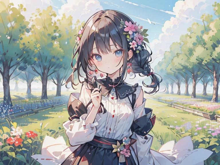 masutepiece, Best Quality,Illustration, Wallpaper, Ultra Detail, Absurd beauty、1 beautiful girl、 (Semi-long hair、short braided hair), Beautiful ultra-detailed eyes , Hair fluttering in the wind、Keep your head small、flower field、great outdoors、Scenery of a flower garden circling around