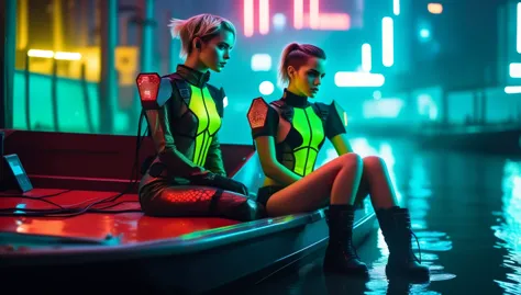 Two female hackers sitting on a boat on a canal in a cyberpunk metropolis at night, (heavy rain:1.0), facing the viewer, holding...