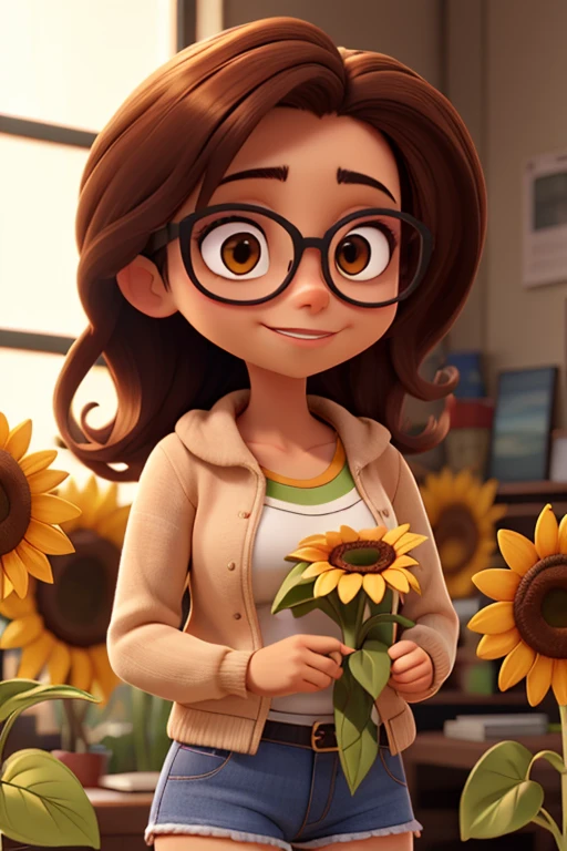 uma jovem sozinha, com cabelo solto cor de cobre, brown eyes and glasses ,holding some sunflowers 