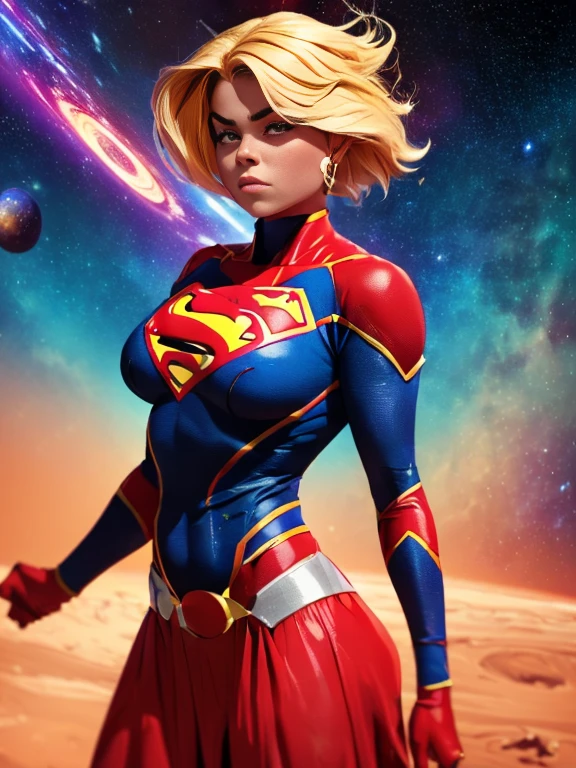 (((Comic style, cartoon artwork))). ((1 girl)), standing alone, standing alone, Uma imagem em Comic style de Supergirl, a hot heroine, with her as the central figure. She wears a traditional blue and red Supergirl outfit., small red skirt, (((Rosto de Milly Alcock))) . ((slim and hot body). (((Cinematic cosmic space background))) . She has a strong and courageous expression, like she&#39;s ready to fight evil.