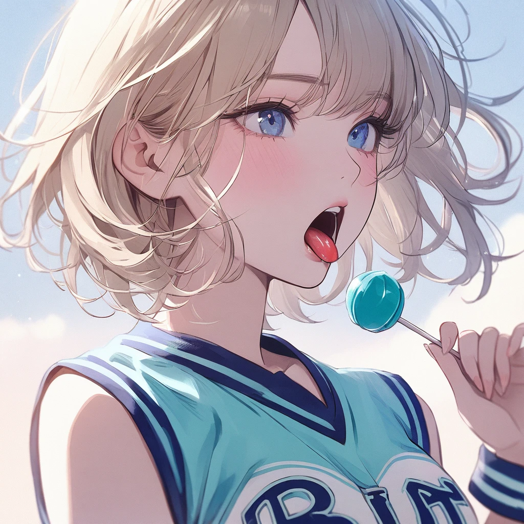 Girl, light blonde hair, blue eyes, beautiful, cheerleader uniform, pastel colors, face close-up, flat, sucking a red lollipop, lipgloss, brat, holding lollipop, wide mouth, ethereal, tongue, short hair, wind