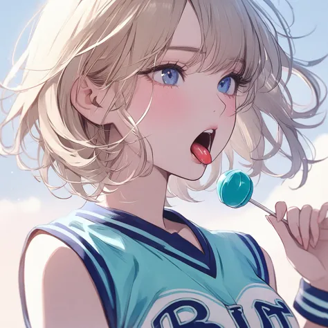 Girl, light blonde hair, blue eyes, beautiful, cheerleader uniform, pastel colors, face close-up, flat, sucking a red lollipop, ...