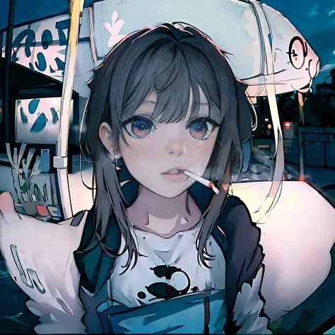 Cute Anime Girl staring into distorted fisheye-lense smoking brown big cigarette (bloodshot eyes), outside gas-station, night, a...