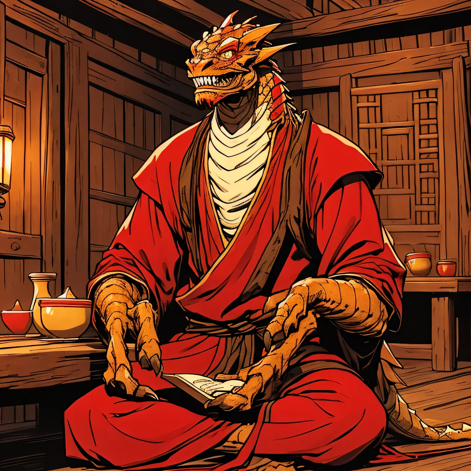 an old humanoid dragon, vistiendo ropa oriental, sentado en una taberna medieval, el es rojo, el es pequeño y sonriente, el es muy delgado, Pieles