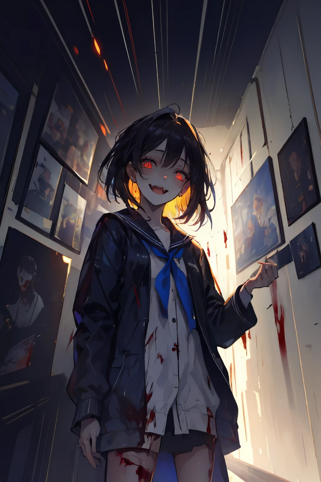Please generate a close-up, portrait-style anime image of a yandere girl. She has long, disheveled black or dark brown hair, with large, gleaming eyes filled with a crazed light, and her pupils slightly contracted. She wears a classic Japanese high , a white shirt with a sailor skirt that has some blood stains. She has a dangerously alluring figure. She holds a bloodied knife in her hand, with an eerie and maniacal smile on her face, her mouth unnaturally wide and twisted. The background is a dimly lit classroom with blood stains and graffiti on the walls. The floor is littered with broken books and glass shards, creating a sinister and terrifying atmosphere. She should appear intensely obsessed with the viewer, her eyes fixed on them with a look of dangerous devotion and possessiveness. The image should be highly detailed, a masterpiece with excellent lighting and the best possible quality.
