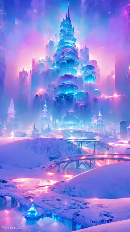 Une belle ville futuriste,(( dans un paysage enneigé)), Tempête de glace, forteresse futuriste, glyphes lumineux, 4k , UHD, détails fous, blanc et bleu