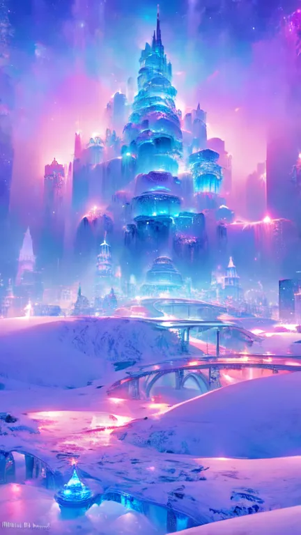 A beautiful futuristic city,(( in a snow landscape)), ice storm, futuristic fortress, luminous glyphs, 4k , uhd, insane details,...