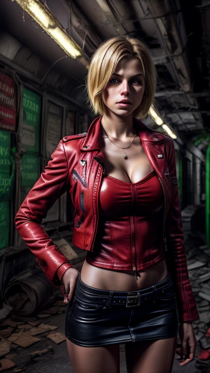 young blond Chear Leader with red leather jacket, Resident Evil, Realistic post apocaliptic scenes, lots of details, Zombie games, ultra-clear, short mini skirt, slim hips showing, skinny woman, skinny waist and groin, beautiful cleavage
