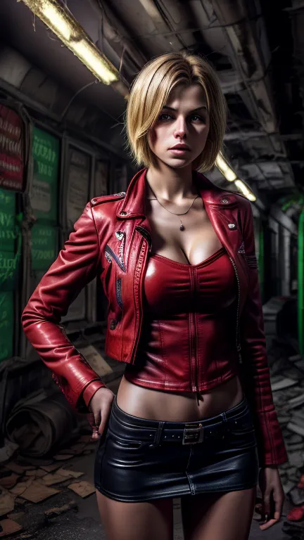 young blond Chear Leader with red leather jacket, Resident Evil, Realistic post apocaliptic scenes, lots of details, Zombie game...