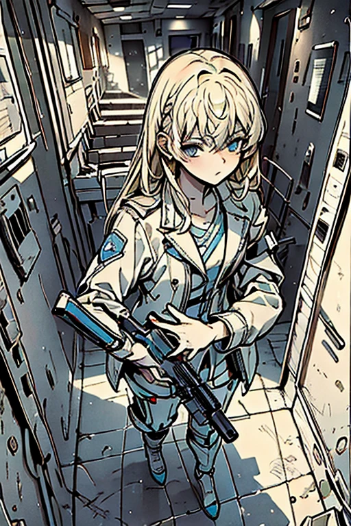 ((highest quality)), ((masterpiece)), (detailed),(pettie),Perfect Face,blonde,blue eyes,Fair skin,Assault rifle