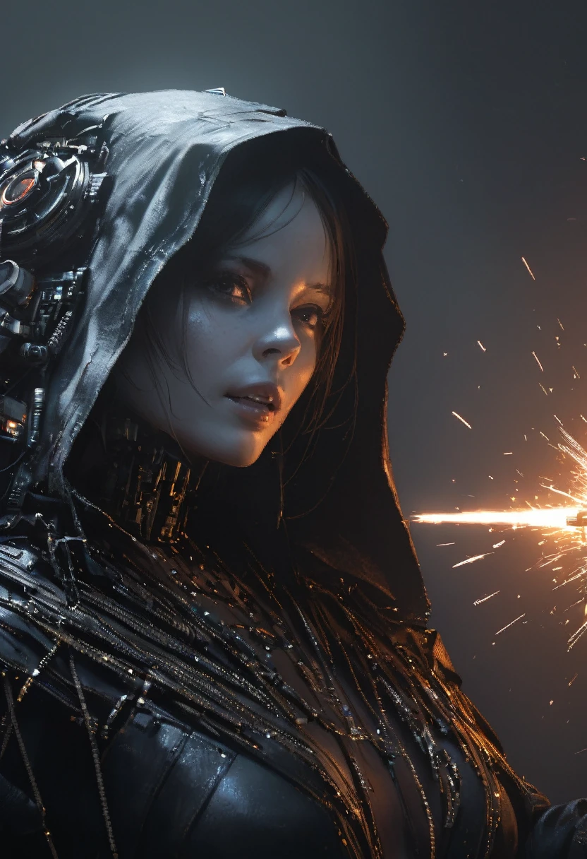 Scary cloaked female ghost with lifeless eyes, white pale skin, black background, close-up, horror, dark and haunting, hyperrealism, ultra-detailed, 8k, sharp focus, emitting diodes, smoke, artillery, sparks, racks, system unit, motherboard, by pascal blanche rutkowski repin artstation hyperrealism painting concept art of detailed character design matte painting, 4 k resolution blade runner