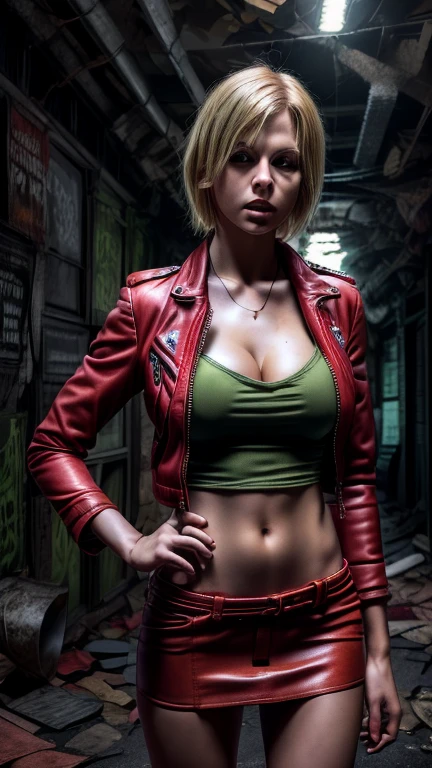 Joven rubia Chear Leader con chaqueta de cuero roja, Resident Evil, Escenas post apocalípticas realistas., muchos detalles, Juegos de zombies, Ultra transparente, Minifalda corta, caderas delgadas mostrando, mujer flaca, cintura y ingle delgadas, hermoso escote
