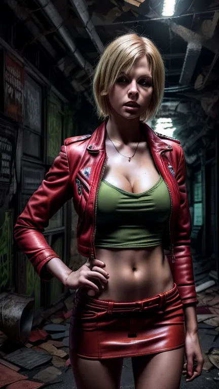 young blond Chear Leader with red leather jacket, Resident Evil, Realistic post apocaliptic scenes, lots of details, Zombie game...