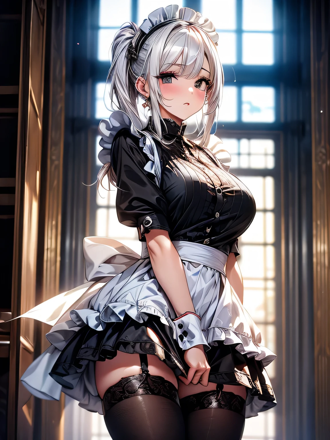 best quality, masterpiece, Ultra-high resolution, Reality, 1 Girl, White hair, Black eyes, maid outfit, oblivious, 30 years old, black eyes, black eyes 