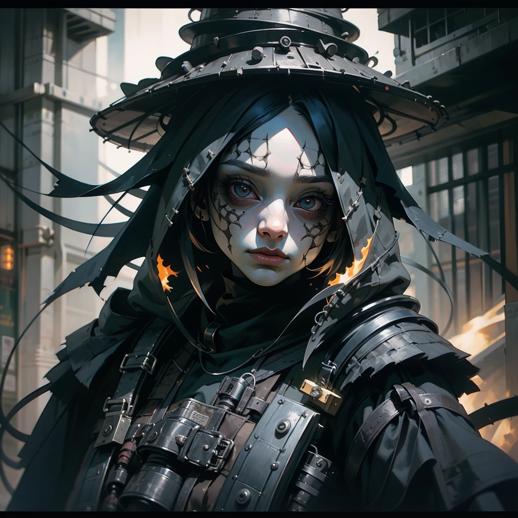 Scary cloaked female ghost with lifeless eyes, white pale skin, black background, close-up, horror, dark and haunting, hyperrealism, ultra-detailed, 8k, sharp focus, emitting diodes, smoke, artillery, sparks, racks, system unit, motherboard, by pascal blanche rutkowski repin artstation hyperrealism painting concept art of detailed character design matte painting, 4 k resolution blade runner