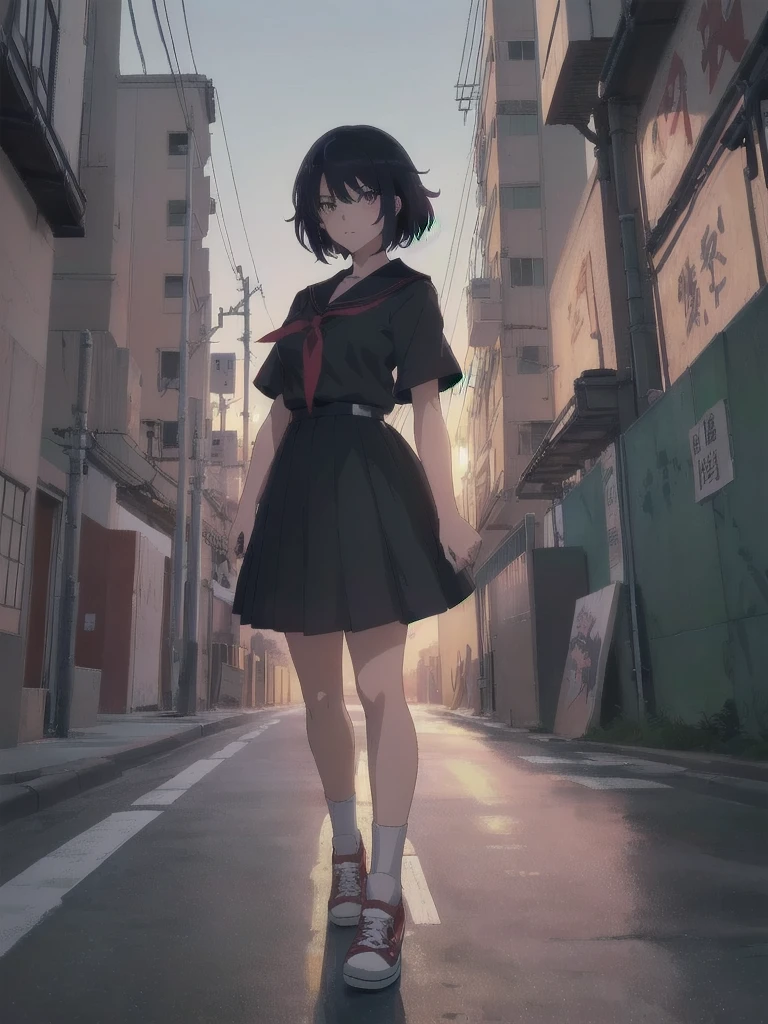 (perfect composition), (high resolution, masterpiece, ultra best quality, ultra HD, 4k,HD, high detailed ),anime character Sukeban delinquent girl  standing on a city street corner in black seifuku with black very long skirt, anime style. 8k, anime style mixed with fujifilm, retro anime girl, anime styled digital art, in tokyo, anime style illustration, anime style 4 k, anime style artwork, anime poster film still portrait, tokyo anime scene, modern anime style, anime style digital art, short hair, 26year old, red converse,