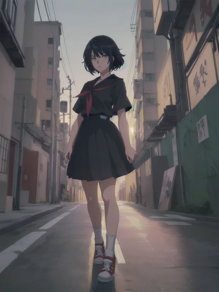 (composition parfaite), (haute résolution, chef-d&#39;œuvre, ultra meilleure qualité, Ultra HD, 4k,HD, très détaillé ),personnage d&#39;anime fille délinquante Sukeban debout sur un coin de rue de la ville en seifuku noir avec jupe très longue noire, Style animé. 8k, Style animé mixed with fujifilm, fille d&#39;anime rétro, Style animéd digital art, à Tokyo, Style animé illustration, Style animé 4 k, Style animé artwork, anime affiche film encore portrait, scène d&#39;anime de tokyo, modern Style animé, Style animé digital art, Cheveux courts, 26 ans, converse rouge,