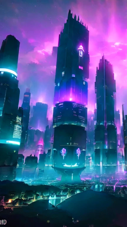 A beautiful futuristic city,(( in a night cyberpunk landscape)),futuristic skycrapers, luminous glyphs, 4k , uhd, insane details, cosmos