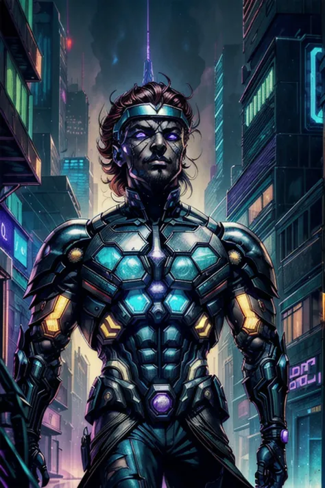 Cyberpunk super vilain called dark beetle,  Egyptian beetle, cyberpunk cityscape, neon lights, dark alleys, skyscrapers, futuris...