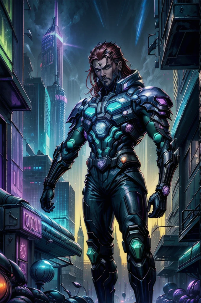 Supervilão cyberpunk chamado besouro escuro,  Besouro egípcio, Paisagem urbana ciberpunk, luzes de neon, becos escuros, arranha-céus, futurista, cores vibrantes, Alto contraste, Altamente detalhado, (1 homem,  velho homem russo:1.2), sábio,  olhos roxos, Cabelo ruivo escuro, parte lateral,
 Retrato, Sozinho, (corpo todo:0.6), olhando pra cima, fundo detalhado, rosto detalhado, (movido a energia verde, tema solarpunk:1.1),  oráculo do armagedom, olhando para o abismo, vestindo roupas rasgadas, cósmico cercado por aura maligna, caos,  O fim da vida, partículas flutuantes,  inverno eterno e geada, antiga profecia mitológica cumprida, destruição galáctica em segundo plano, cantos enlouquecedores, atmosfera apocalíptica,