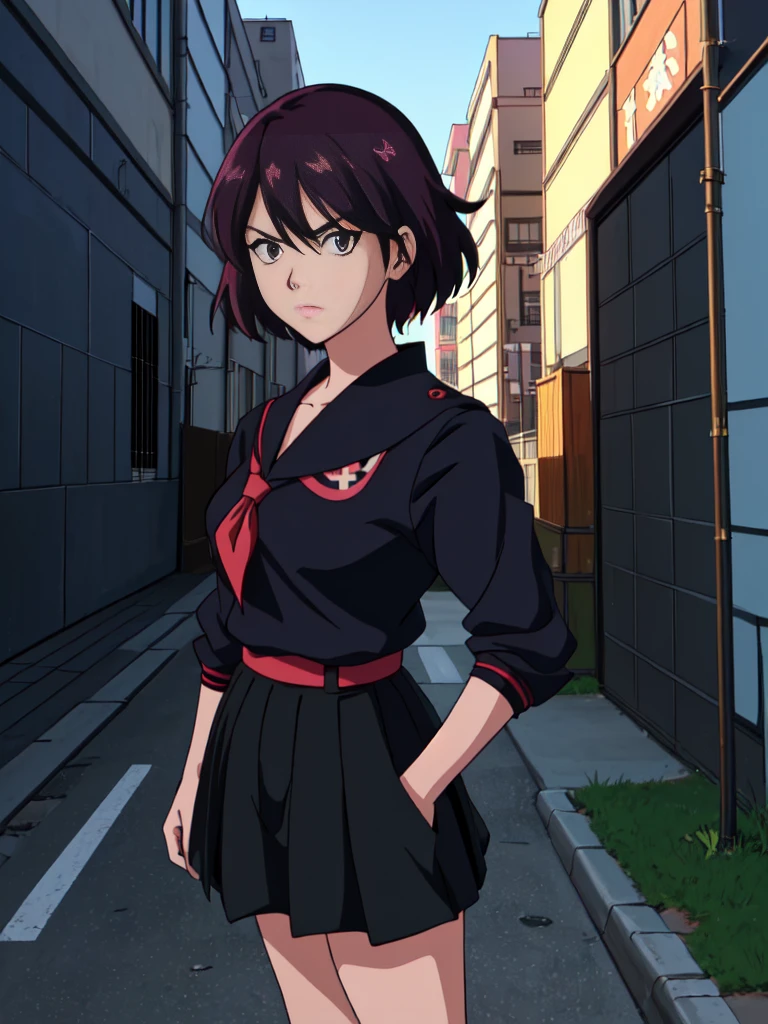 (composition parfaite), (haute résolution, chef-d&#39;œuvre, ultra meilleure qualité, Ultra HD, 4k,HD, très détaillé ),personnage d&#39;anime fille délinquante Sukeban debout sur un coin de rue de la ville en seifuku noir avec jupe très longue noire, Style animé. 8k, Style animé mixed with fujifilm, fille d&#39;anime rétro, Style animéd digital art, à Tokyo, Style animé illustration, Style animé 4 k, Style animé artwork, anime affiche film encore portrait, scène d&#39;anime de tokyo, modern Style animé, Style animé digital art, Cheveux courts, 26 ans, converse rouge,