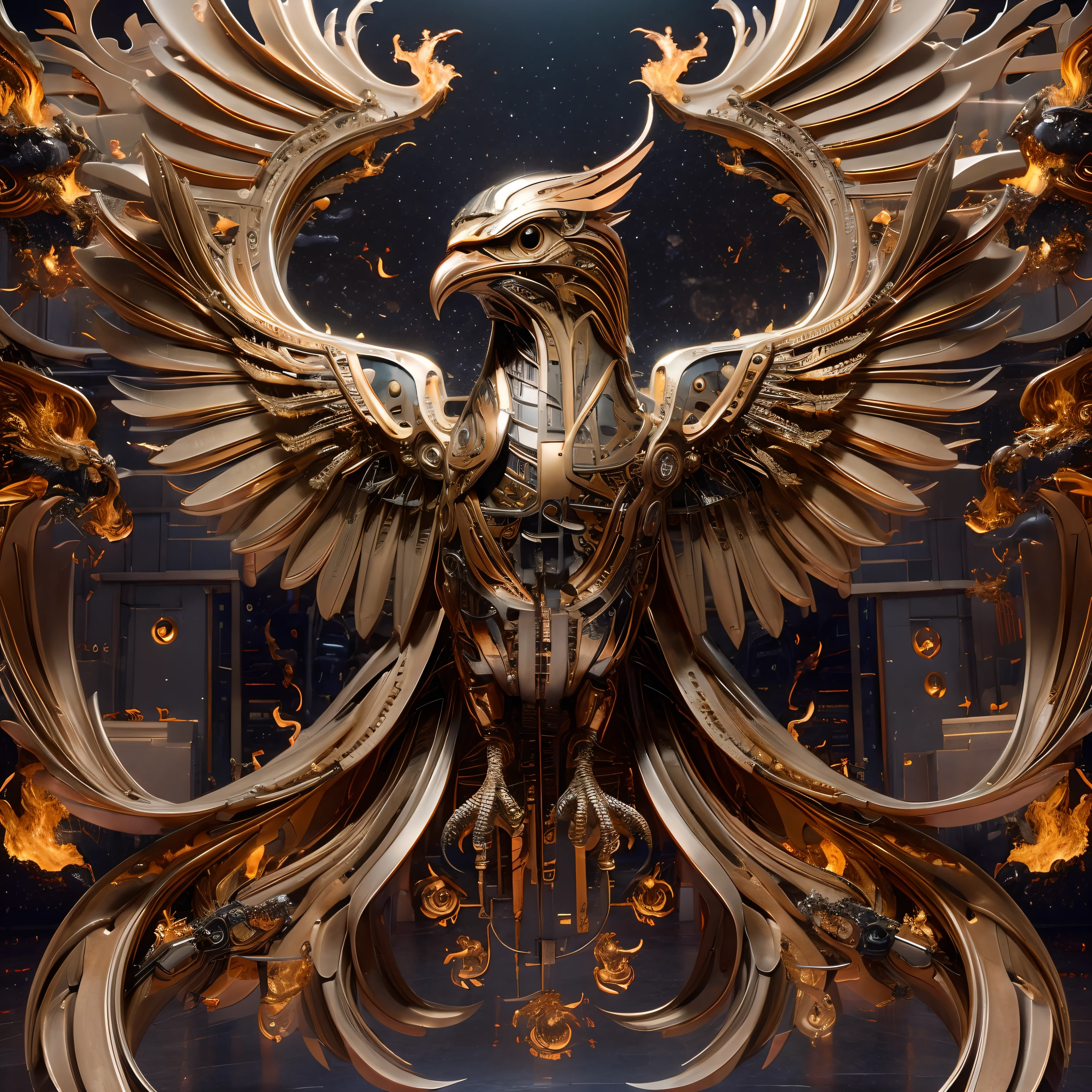 ((best quality)), ((masterpiece)), (Very detailed: 1.3), 8K, Giant Mechanical Phoenix, wing, Eagle Claw, feature, metallic feel, in the style of futuristic, Mechanical Parts, high tech, sharp beak，(The whole body is red)，(bubbling on fire)，Intricate details, majestic, flying Posture, dynamic composition, Vibrant colors, best lightning, Dystopia, full view, soar in the sky