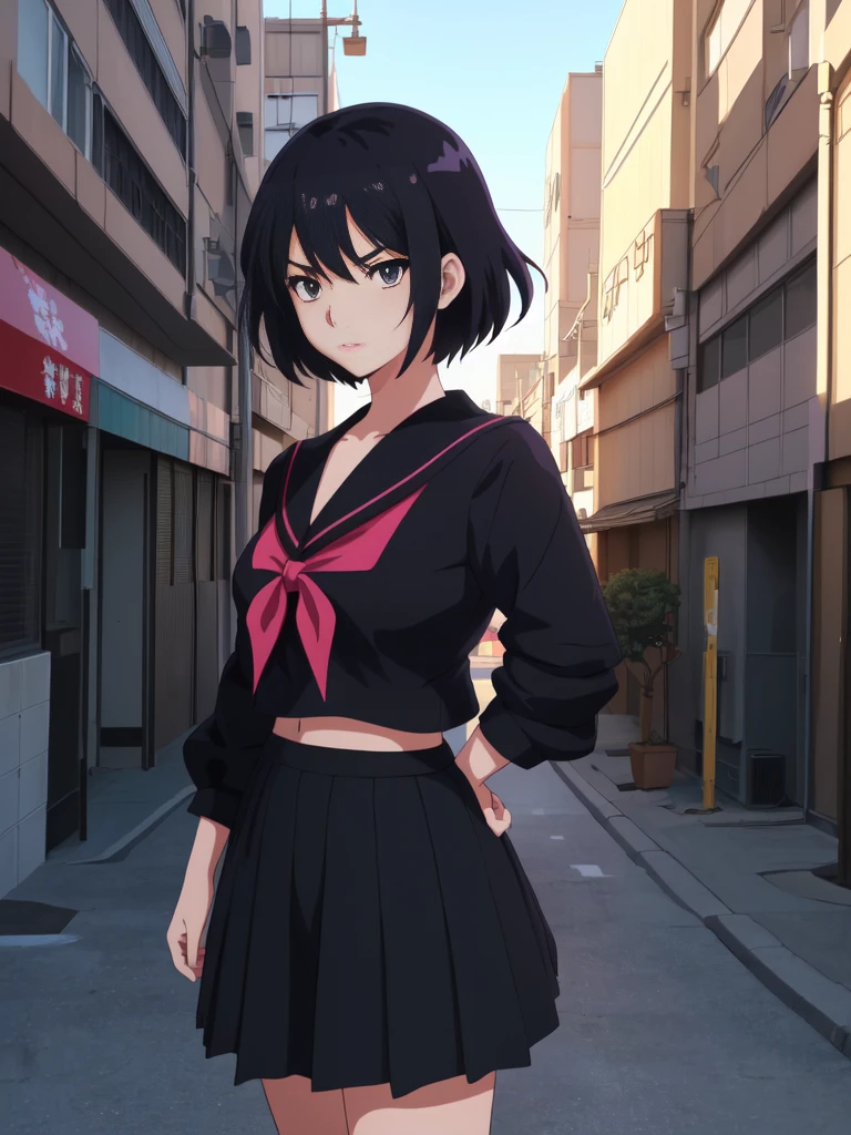 (perfect composition), (high resolution, masterpiece, ultra best quality, ultra HD, 4k,HD, high detailed ),anime character Sukeban delinquent girl  standing on a city street corner in black seifuku with black very long skirt, anime style. 8k, anime style mixed with fujifilm, retro anime girl, anime styled digital art, in tokyo, anime style illustration, anime style 4 k, anime style artwork, anime poster film still portrait, tokyo anime scene, modern anime style, anime style digital art, short hair, 26year old, red converse,