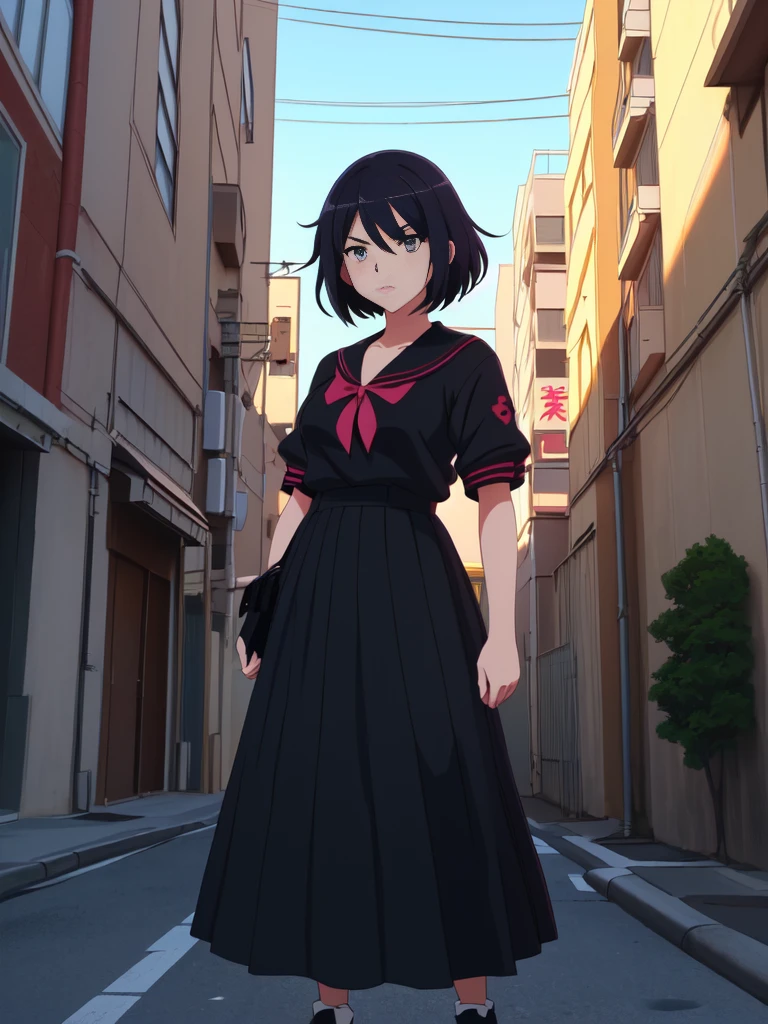 (perfect composition), (high resolution, masterpiece, ultra best quality, ultra HD, 4k,HD, high detailed ),anime character Sukeban delinquent girl  standing on a city street corner in black seifuku with black very long skirt, anime style. 8k, anime style mixed with fujifilm, retro anime girl, anime styled digital art, in tokyo, anime style illustration, anime style 4 k, anime style artwork, anime poster film still portrait, tokyo anime scene, modern anime style, anime style digital art, short hair, 26year old, red converse,