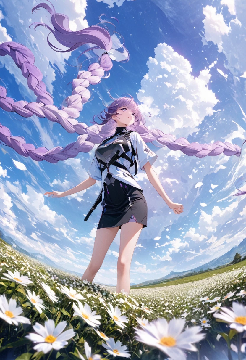 Wide open field of white flowers landscape photo, A purple-haired girl stands in a flower field and looks up at the blue sky, Art Graphic Art, professional, 4k, Very detailed