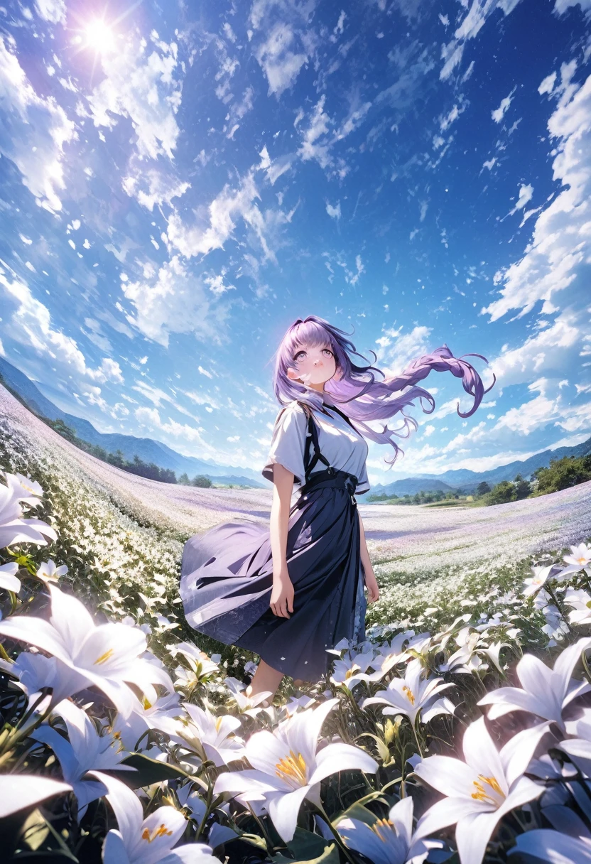 Wide open field of white flowers landscape photo, A purple-haired girl stands in a flower field and looks up at the blue sky, Art Graphic Art, professional, 4k, Very detailed