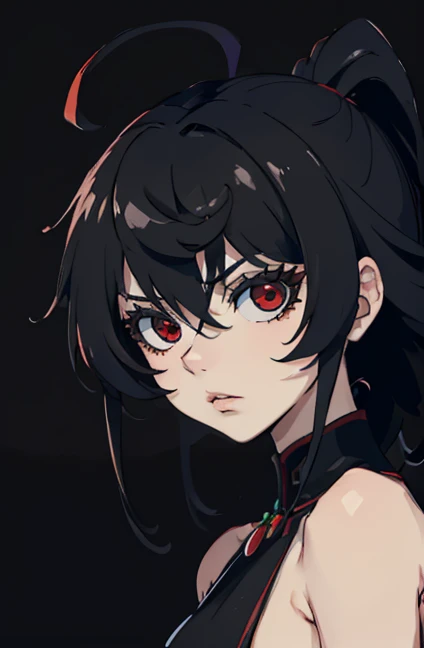 Perfect proportion, masterpiece, high quality, high details, (black hair), red eyes,(1woman),,black  . all black background. Close up to face. Face datails. Tsundere