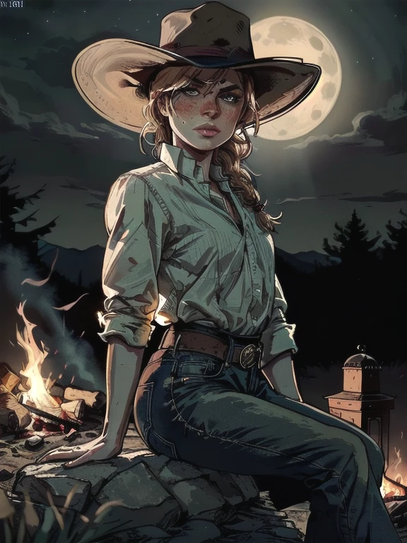 cinematic film still (8k, RAW photo, best quality, masterpiece:1.2),ultra-detailed, (high detailed skin:1.2), 8k uhd, dslr, soft lighting, high quality,   rdr2sadie, 1girl, freckles, braid, shirt, cowboy hat, long hair, looking at viewer, rolled_up_sleeves, tight_jeans, cowboy_boots, white shirt, outdoors, night, stars, full_moon, sitting_outdoors, at_campfire, fire, looking_down_at_the_flames, . shallow depth of field, vignette, highly detailed, high budget, bokeh, cinemascope, moody, epic, gorgeous, film grain, grainy