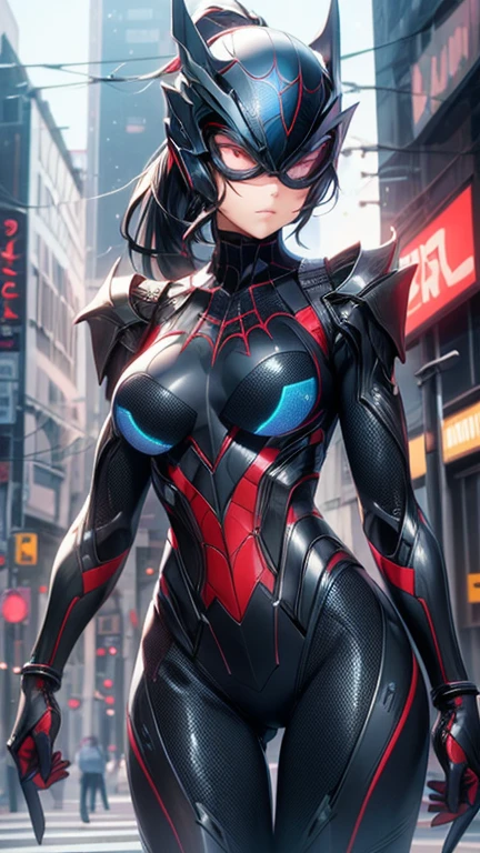 Film movie still, realistic, (A detailed face), (Detailed skin), The details are complex, Shallow depth of field, movie lighting, Reflectors, 12 years, 1girl, solo, ponytail black hair, brown eyes, light smile, fighting pose, standing, full body, slim body, large breasts, suit spiderman in blue and white, night, nanotecnologiy suit simbiont, ((holographic hacker helmet)), which projects a cosmic mask on Spider-Man's face.