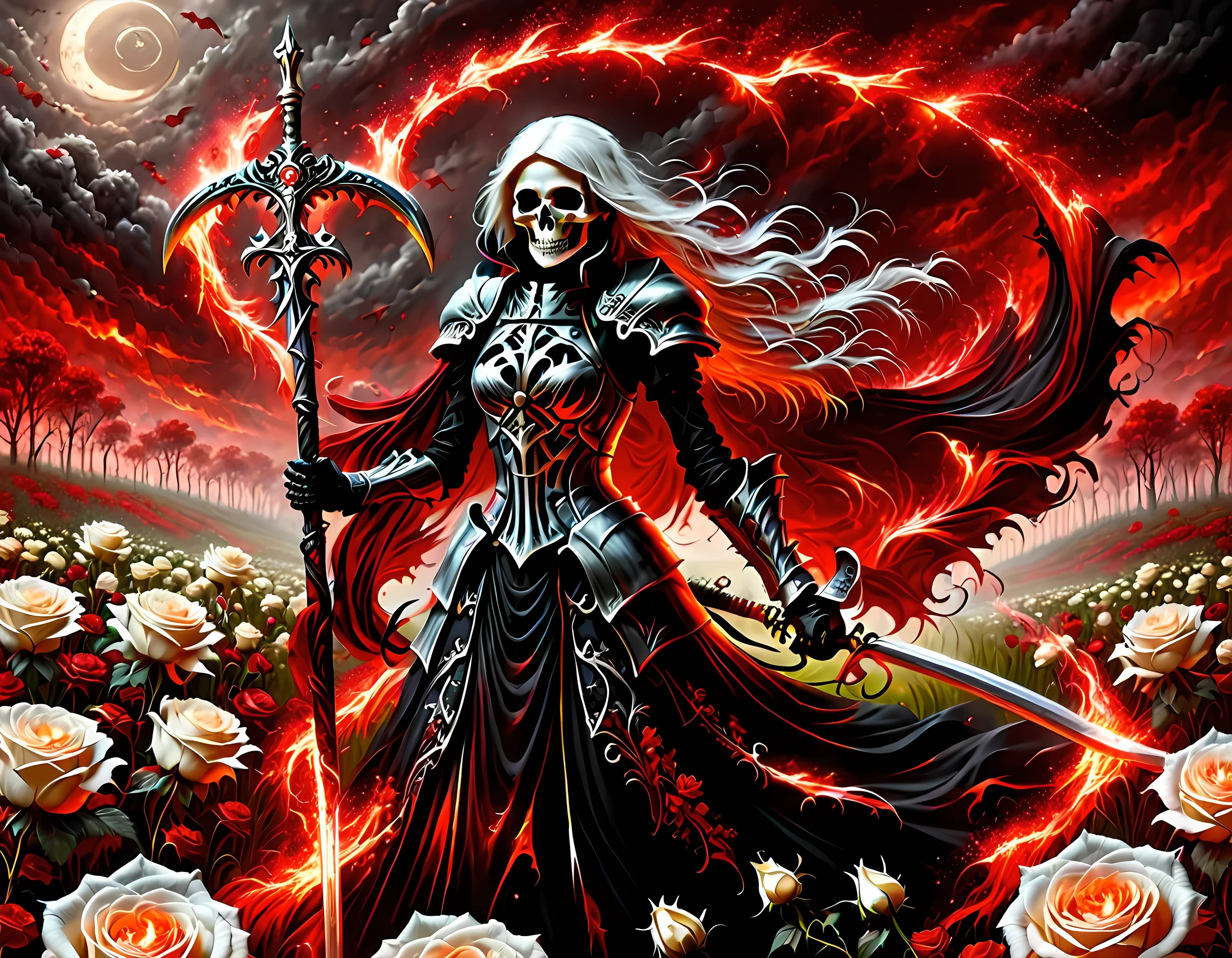 dark fantasy art, a female skeletal grim reaper in a field of white roses, the reaper has (skeletal head: 1.3) , long (white: 1.2) hair , red glowing eyes, she wears black robes, and black armor dress, ArmoredDress, flowing robes, she holds a scythe, in her arms, the scythe is dripping blood, a field of (white roses 1.4)  background, dynamic range, ultra wide shot, photorealism, depth of field, hyper realistic, RagingNebula