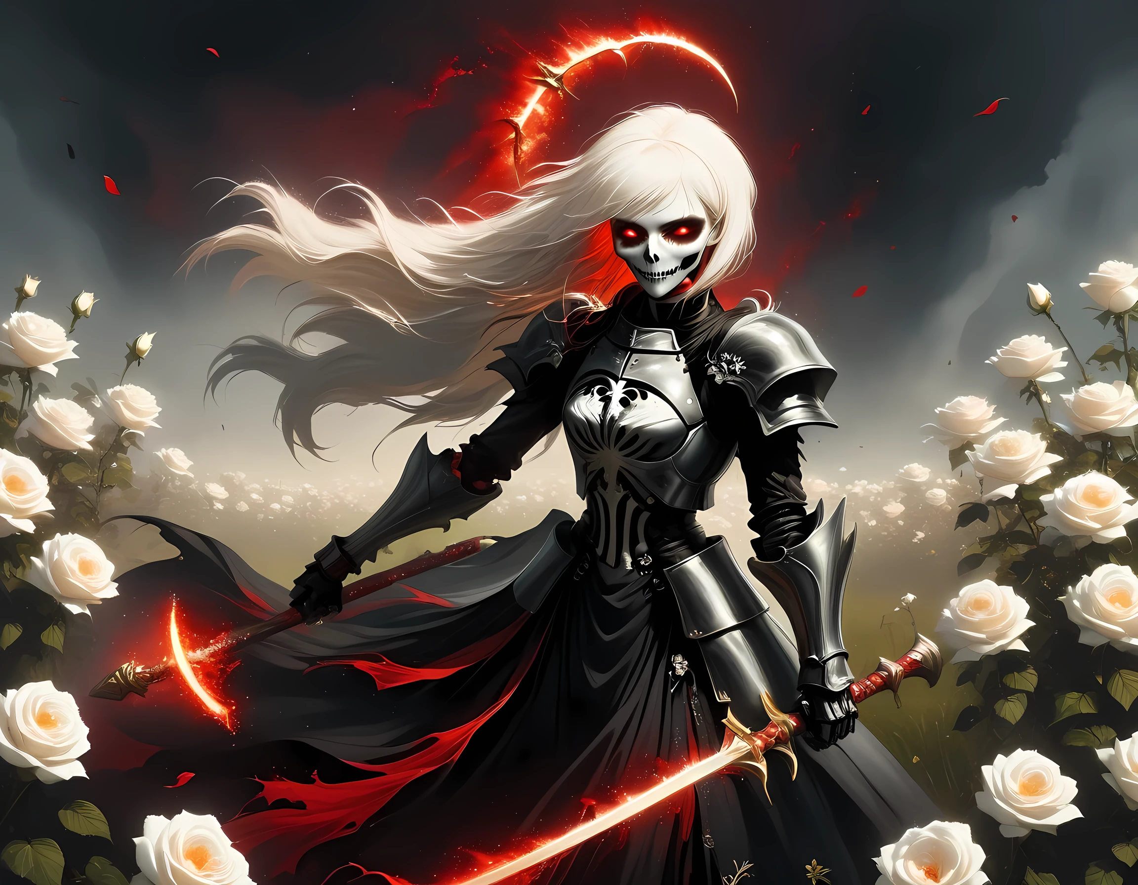 dark fantasy art, a female skeletal grim reaper in a field of white roses, the reaper has (skeletal head: 1.3) , long (white: 1.2) hair , red glowing eyes, she wears black robes, and black armor dress, ArmoredDress, flowing robes, she holds a scythe, in her arms, the scythe is dripping blood, a field of (white roses 1.4)  background, dynamic range, ultra wide shot, photorealism, depth of field, hyper realistic, RagingNebula