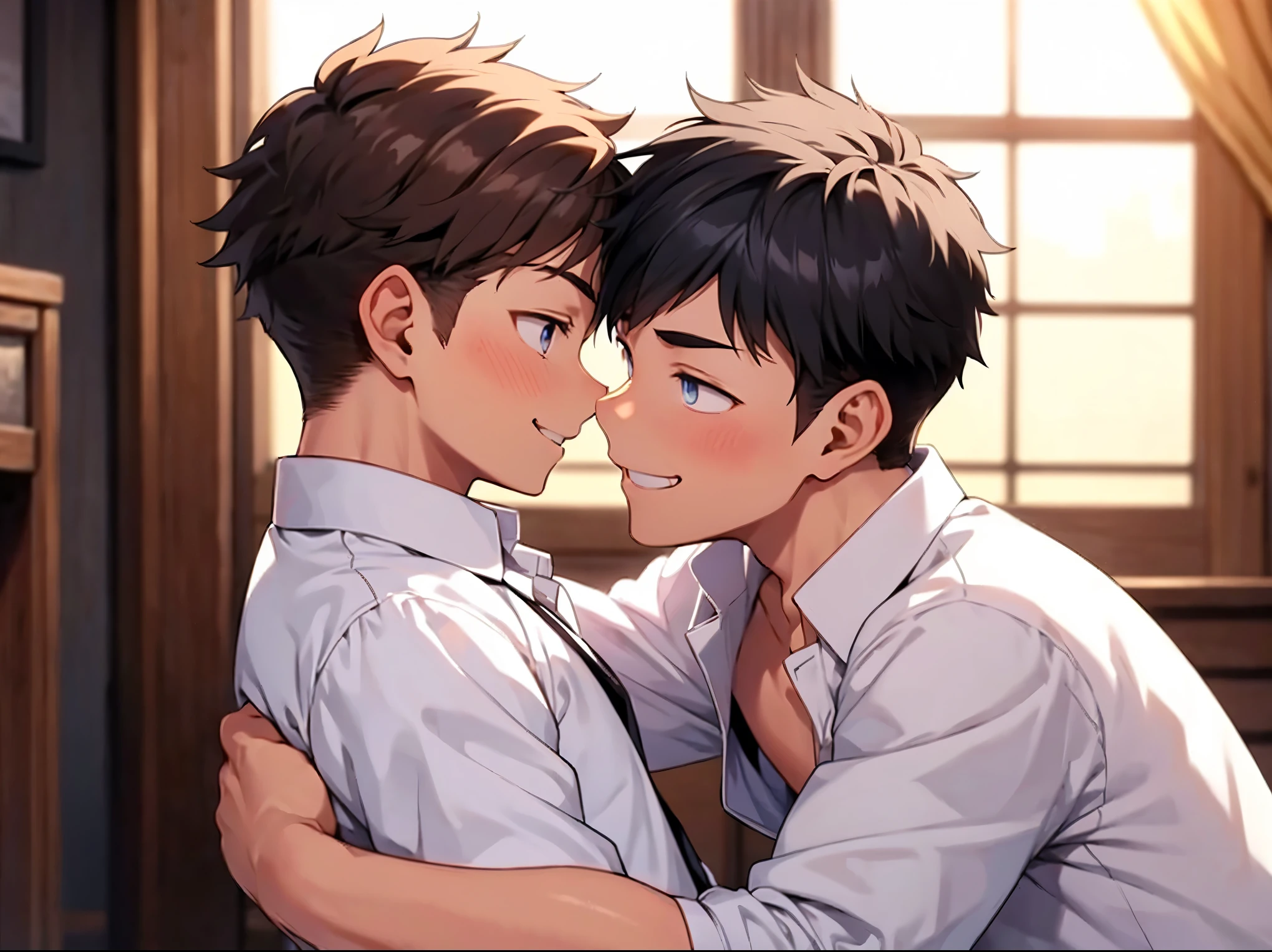 2 boy,hug,(eye contact),smile,(white open collar shirt),from front,(detailed eyes),detailed skin,masterpiece,best quality,Top Quality,High quality,