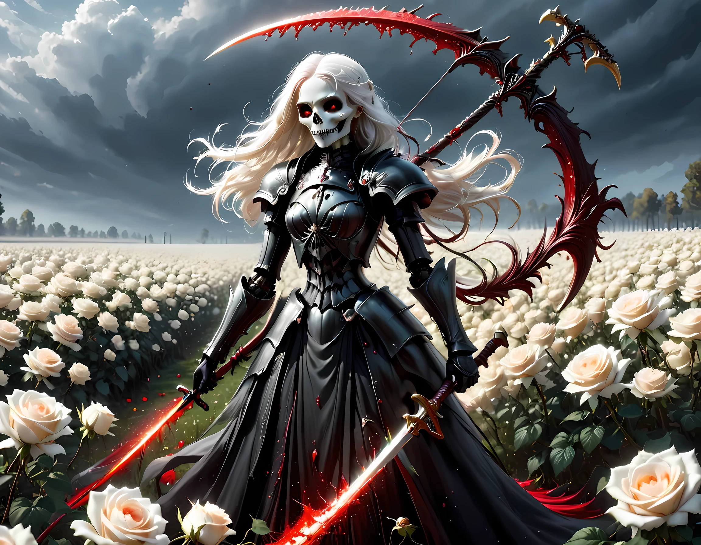 dark fantasy art, a female skeletal grim reaper in a field of white roses, the reaper has (skeletal head: 1.3) , long (white: 1.2) hair , red glowing eyes, she wears black robes, and black armor dress, ArmoredDress, flowing robes, she holds a scythe, in her arms, the scythe is dripping blood, a field of (white roses 1.4)  background, dynamic range, ultra wide shot, photorealism, depth of field, hyper realistic, RagingNebula