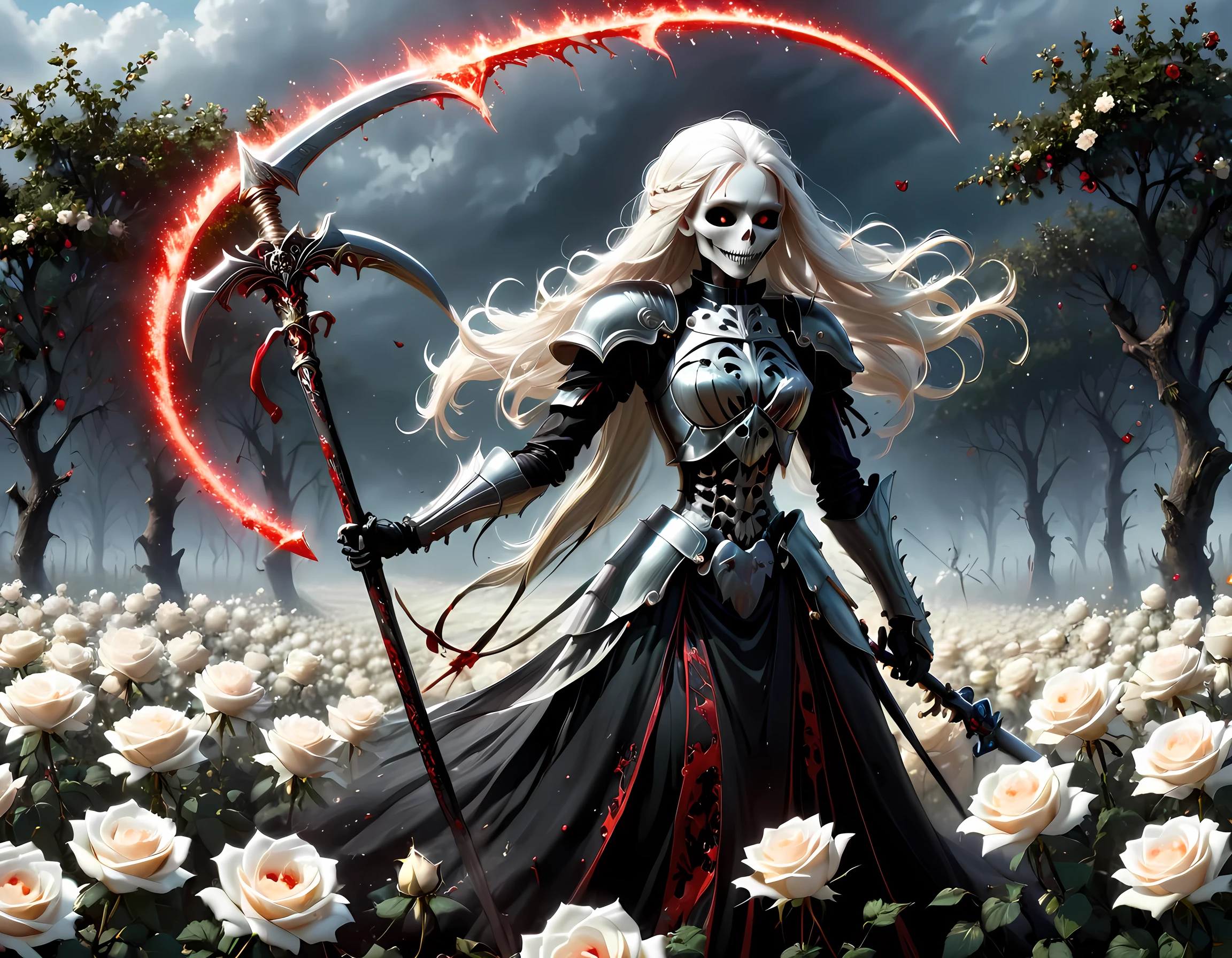 dark fantasy art, a female skeletal grim reaper in a field of white roses, the reaper has (skeletal head: 1.3) , long (white: 1.2) hair , red glowing eyes, she wears black robes, and black armor dress, ArmoredDress, flowing robes, she holds a scythe, in her arms, the scythe is dripping blood, a field of (white roses 1.4)  background, dynamic range, ultra wide shot, photorealism, depth of field, hyper realistic, RagingNebula