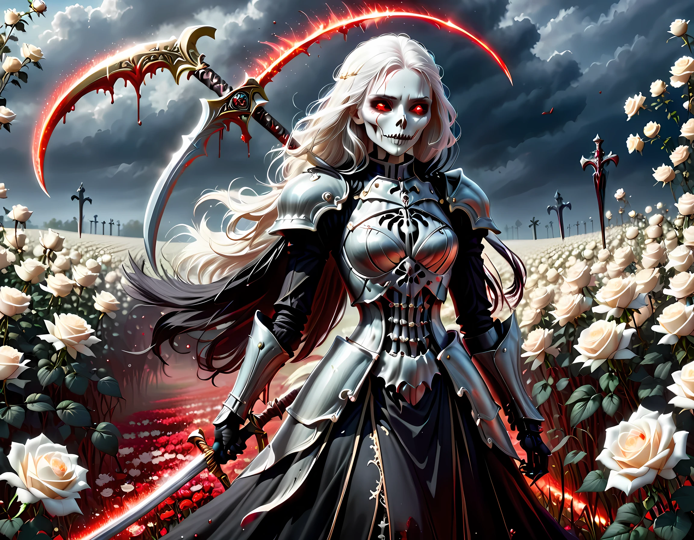 dark fantasy art, a female skeletal grim reaper in a field of white roses, the reaper has (skeletal head: 1.3) , long (white: 1.2) hair , red glowing eyes, she wears black robes, and black armor dress, ArmoredDress, flowing robes, she holds a scythe, in her arms, the scythe is dripping blood, a field of (white roses 1.4)  background, dynamic range, ultra wide shot, photorealism, depth of field, hyper realistic, RagingNebula