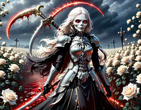 modisn disney, dark fantasy art, a female skeletal grim reaper in a field of white roses, the reaper has (skeletal head: 1.3) , ...