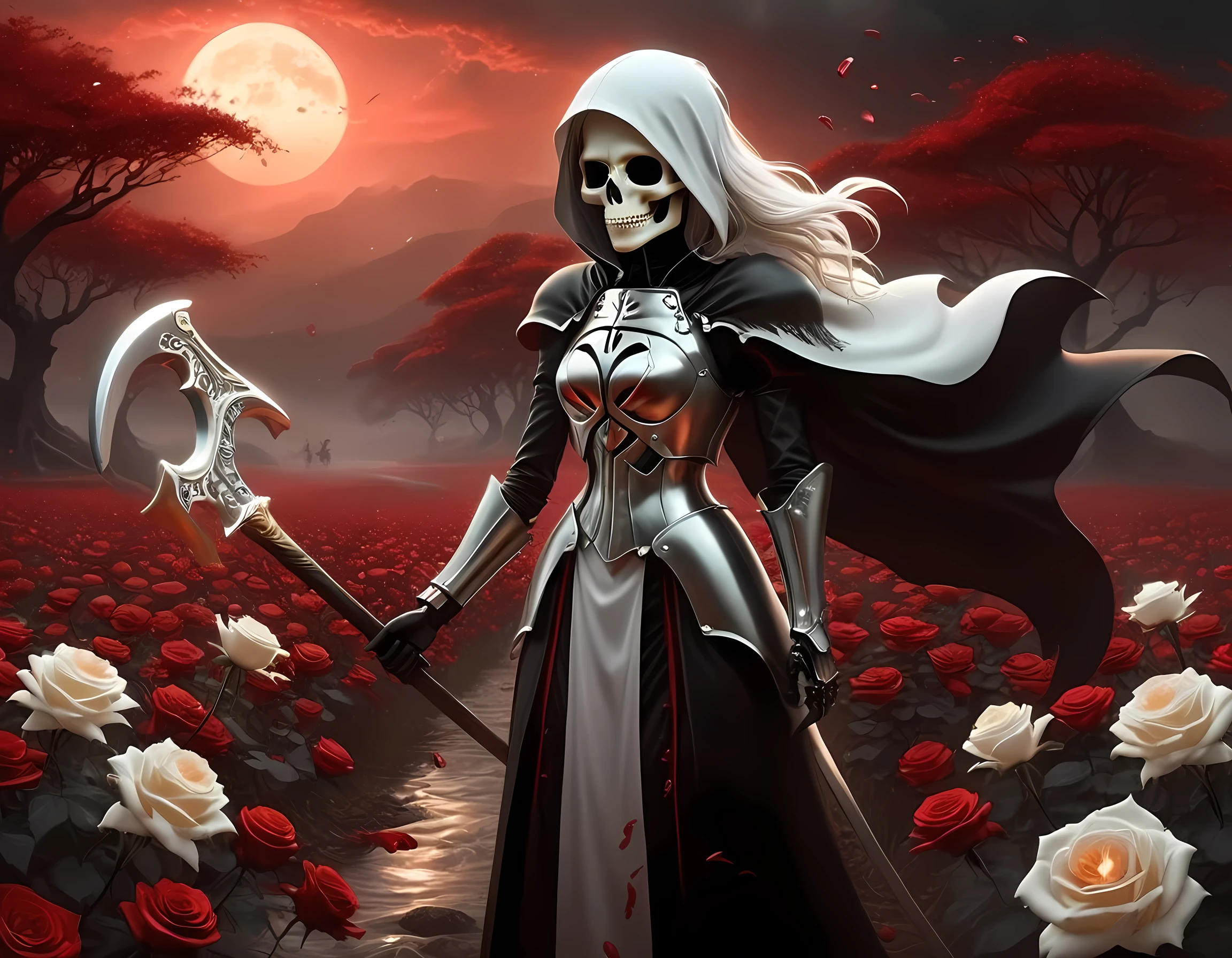 dark fantasy art, a female skeletal grim reaper in a field of white roses, the reaper has (skeletal head: 1.3) , long (white: 1.2) hair , red glowing eyes, she wears black robes, and black armor dress, ArmoredDress, flowing robes, she holds a scythe, in her arms, the scythe is dripping blood, a field of (white roses 1.4)  background, dynamic range, ultra wide shot, photorealism, depth of field, hyper realistic, RagingNebula