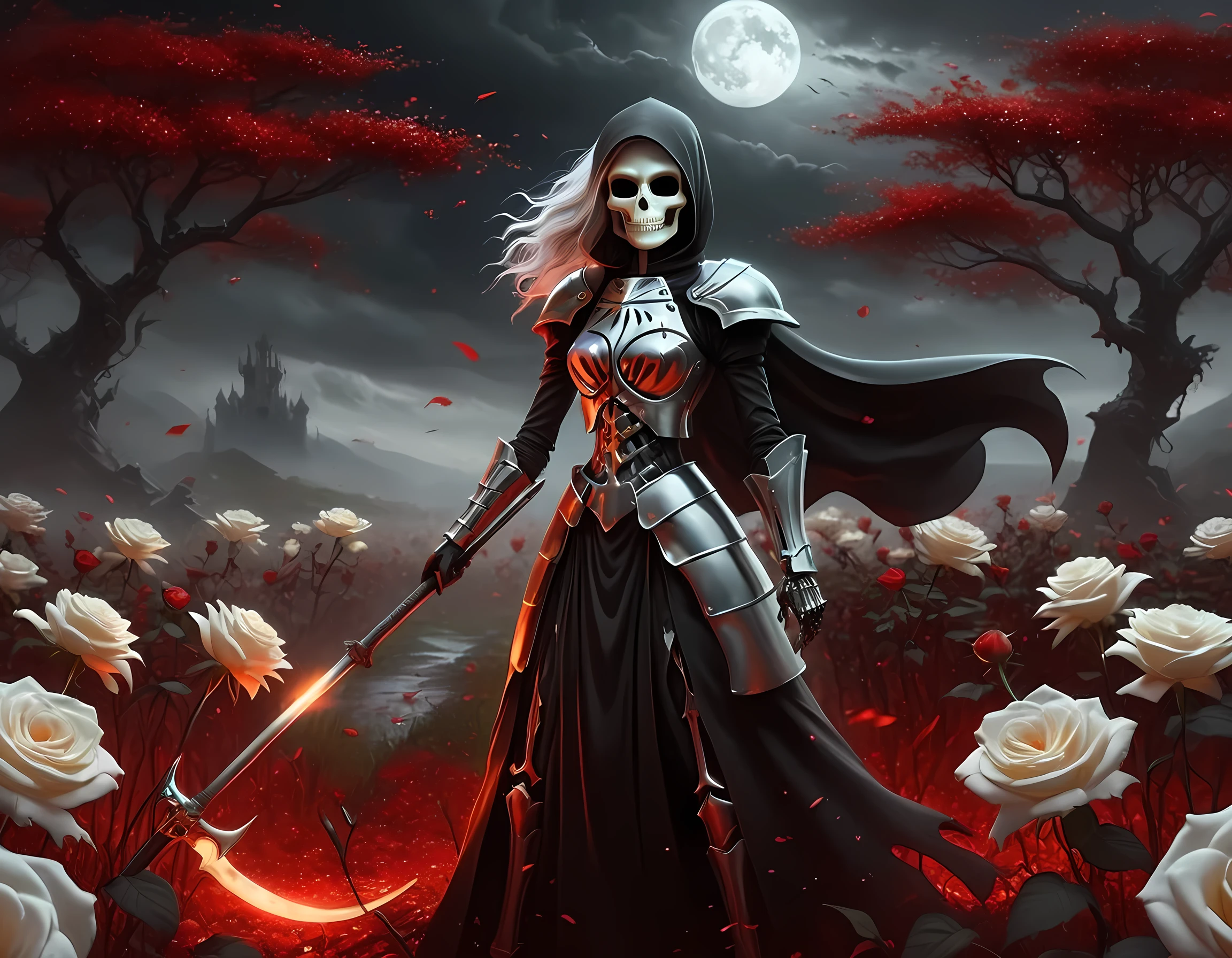 dark fantasy art, a female skeletal grim reaper in a field of white roses, the reaper has (skeletal head: 1.3) , long (white: 1.2) hair , red glowing eyes, she wears black robes, and black armor dress, ArmoredDress, flowing robes, she holds a scythe, in her arms, the scythe is dripping blood, a field of (white roses 1.4)  background, dynamic range, ultra wide shot, photorealism, depth of field, hyper realistic, RagingNebula