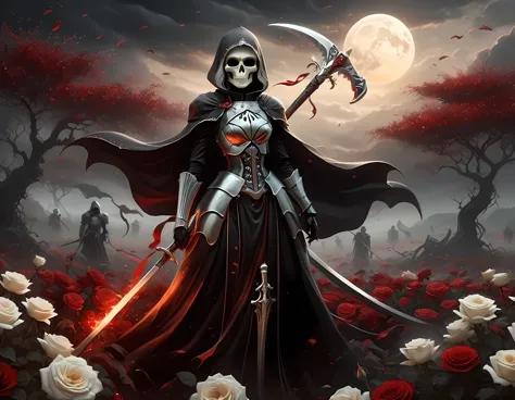 dark fantasy art, a female skeletal grim reaper in a field of white roses, the reaper has (skeletal head: 1.3) , long (white: 1....