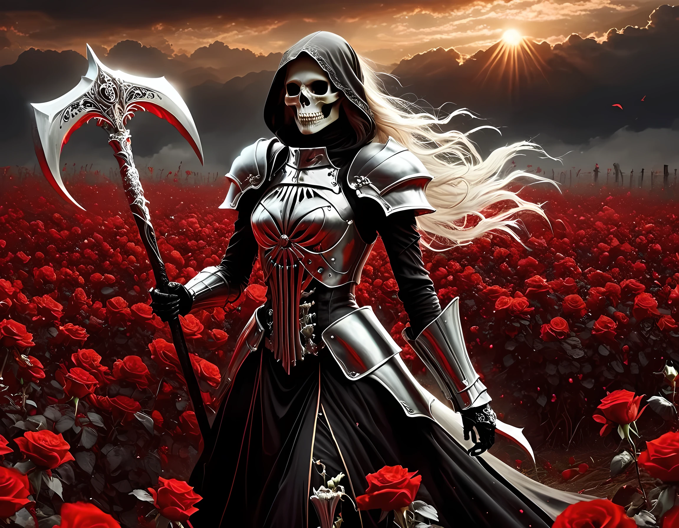 dark fantasy art, a female skeletal grim reaper in a field of white roses, the reaper has (skeletal head: 1.3) , long (white: 1.2) hair , red glowing eyes, she wears black robes, and black armor dress, ArmoredDress, flowing robes, she holds a scythe, in her arms, the scythe is dripping blood, a field of (white roses 1.4)  background, dynamic range, ultra wide shot, photorealism, depth of field, hyper realistic, RagingNebula