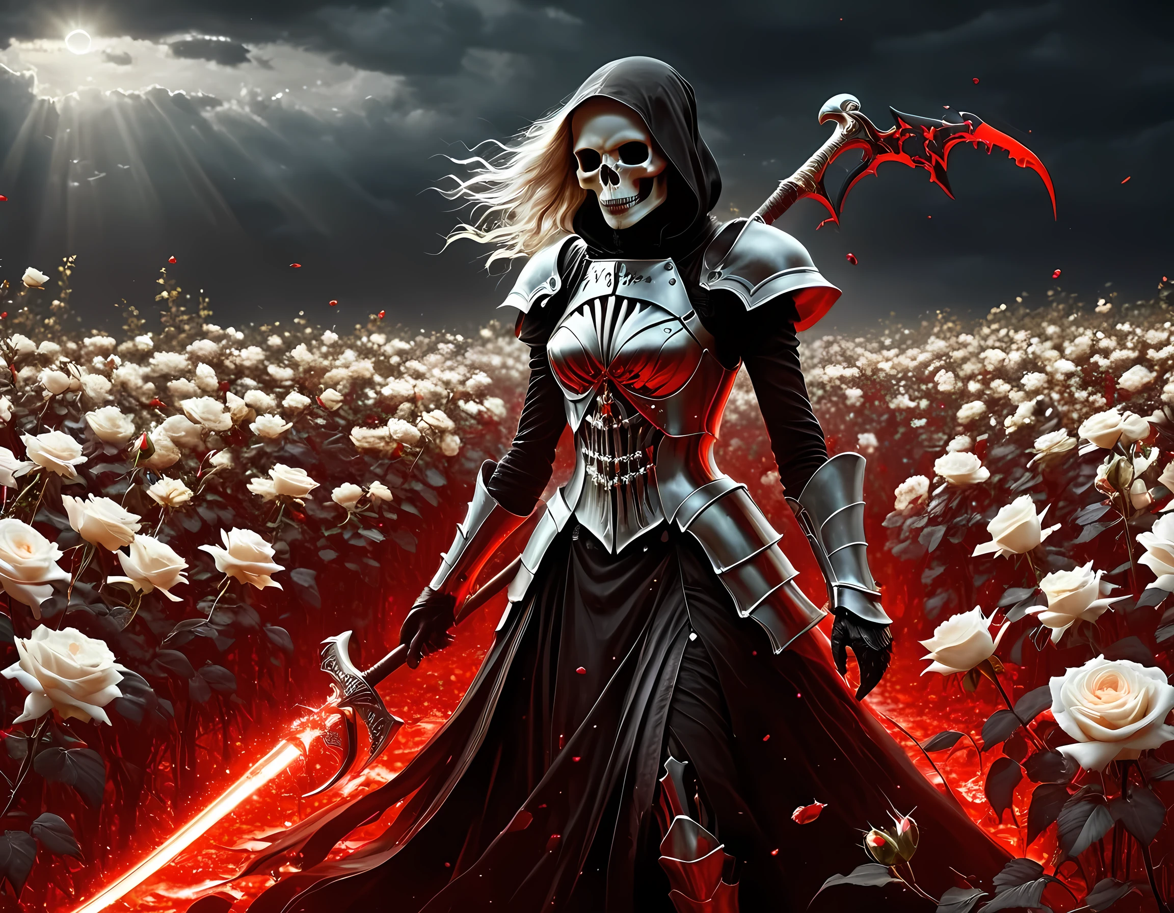 dark fantasy art, a female skeletal grim reaper in a field of white roses, the reaper has (skeletal head: 1.3) , long (white: 1.2) hair , red glowing eyes, she wears black robes, and black armor dress, ArmoredDress, flowing robes, she holds a scythe, in her arms, the scythe is dripping blood, a field of (white roses 1.4)  background, dynamic range, ultra wide shot, photorealism, depth of field, hyper realistic, RagingNebula